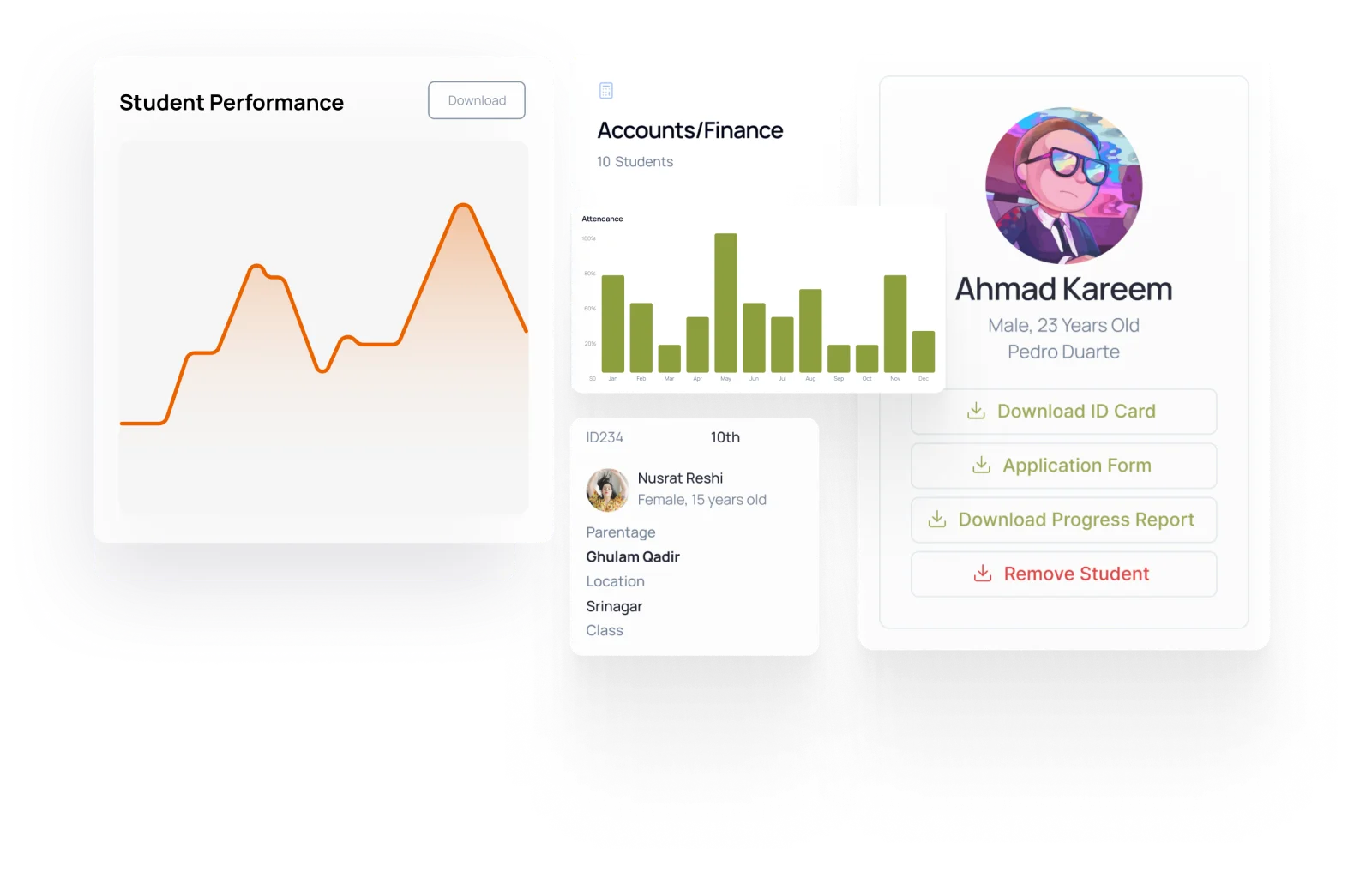 Leeep education ERP dashboards for student performance, attendance, accounts, and student records