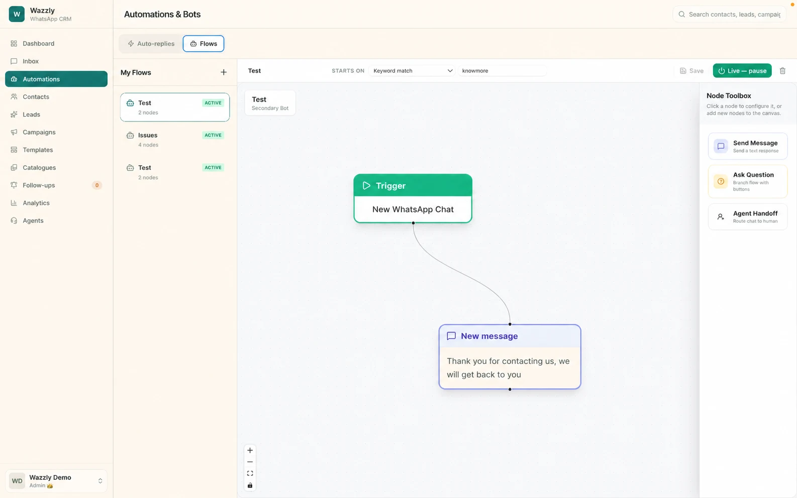Wazzly no-code WhatsApp automation builder with trigger and message nodes