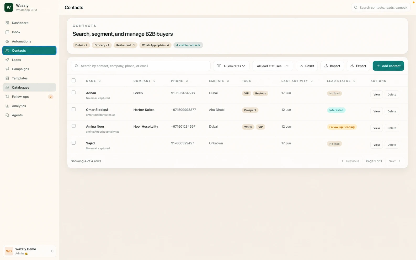 Wazzly contacts table with tags, regions, and lead statuses