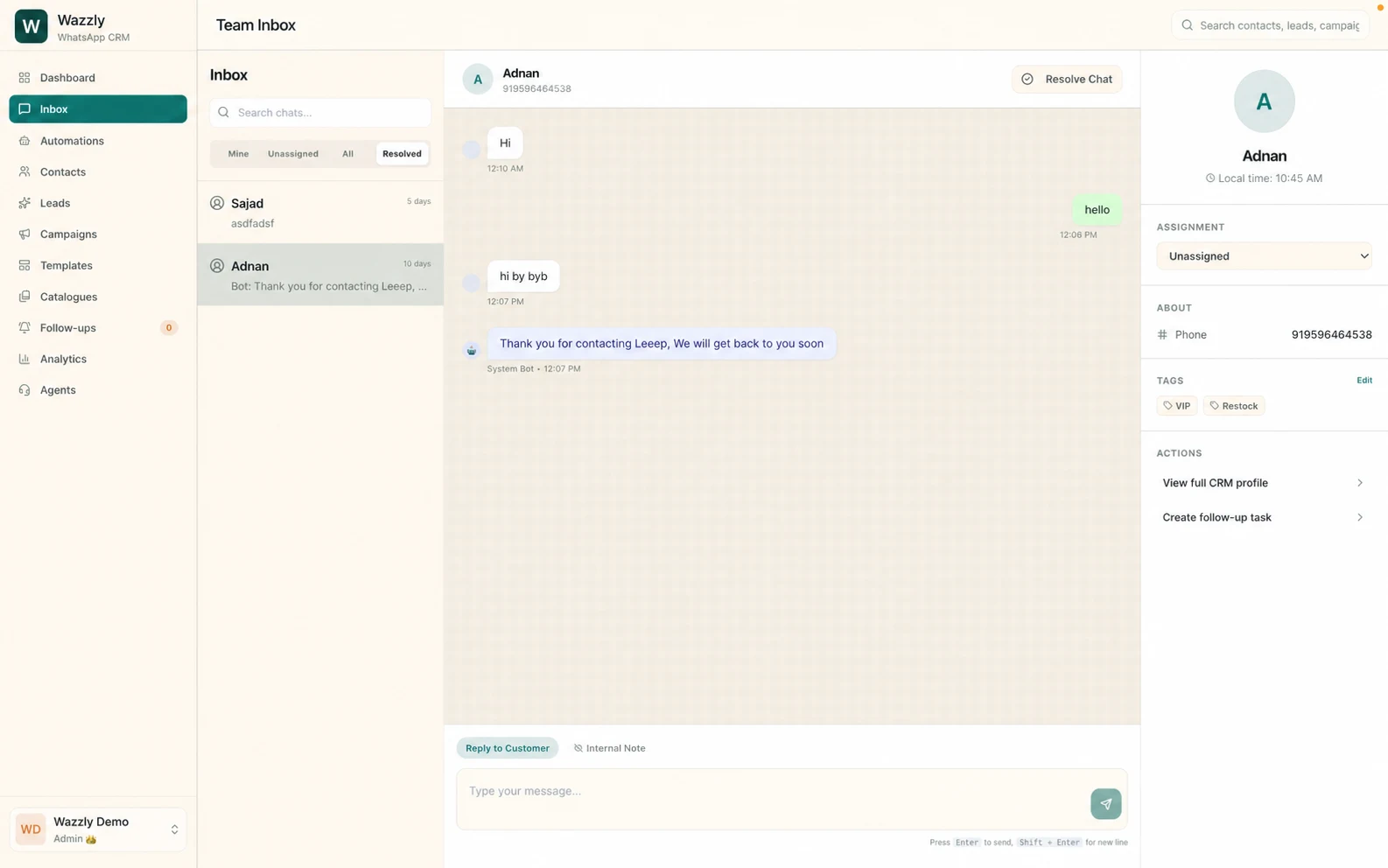 Wazzly shared WhatsApp team inbox and customer profile
