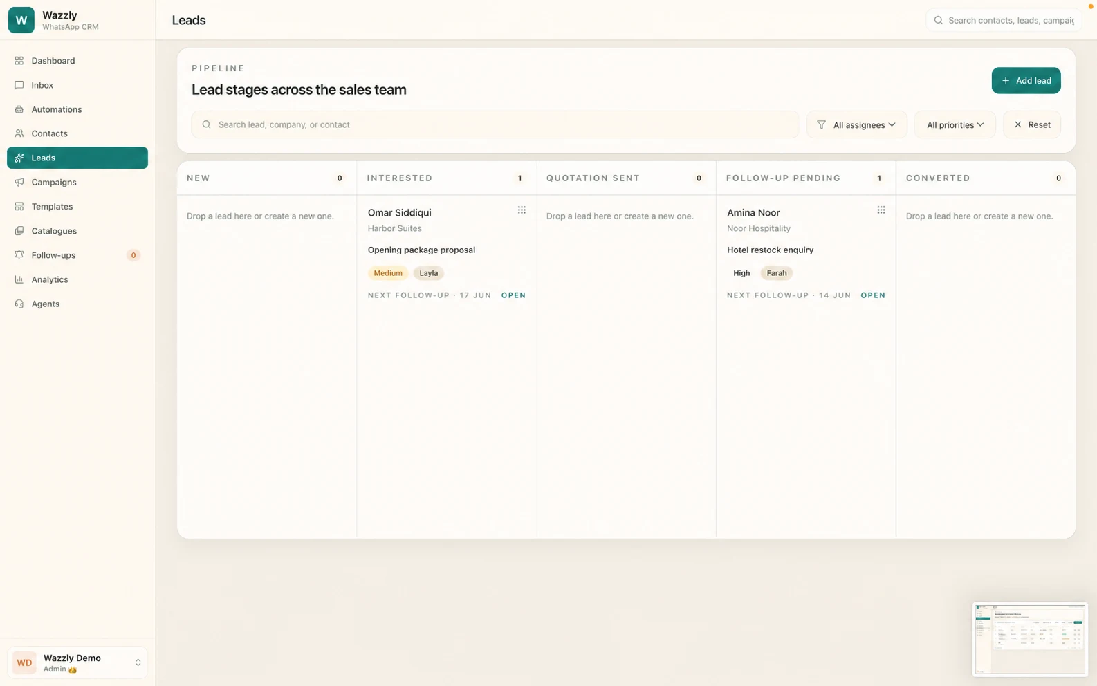 Wazzly lead pipeline with sales stages and follow-up cards